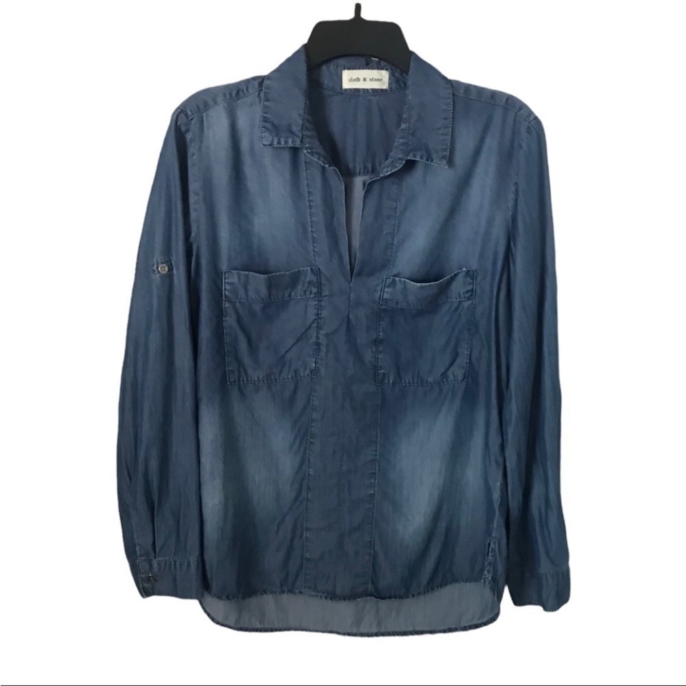 Anthropologie Cloth & Stone Hi/Lo Chambray Roll Tab Sleeve V-Neck Tunic Size S